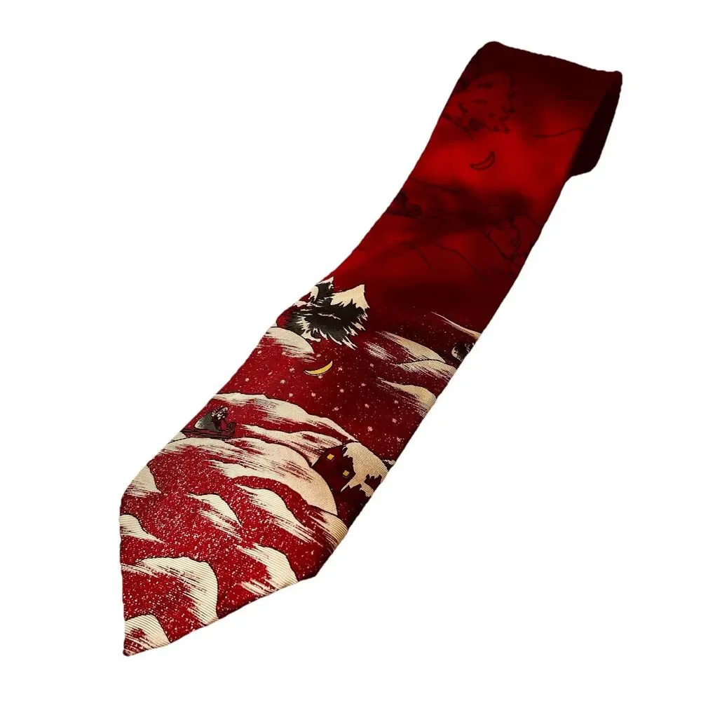 Vintage Wembley Men’s 100% Silk Red White Christmas Eve Scene Tie